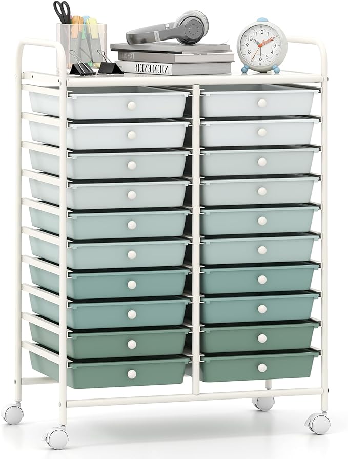 Giantex 20 Drawers Rolling Cart, Mobile Storage Drawer Cart, Classroom Organizer Cart for Office School Supplies Tools Scrapbook Paper Craft Small Printer, Utility Cart on Wheels, Green Gradient
