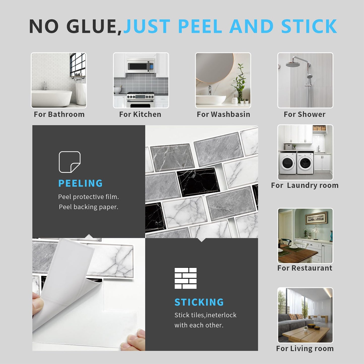 URCOLOR 10-Sheet Peel and Stick Backsplash Tile Sticker for Kitchen,12"x12" Self Adhesive Subway Wall Tiles Stick on Back Splashes for Bathroom White Gray Black White Marble Design