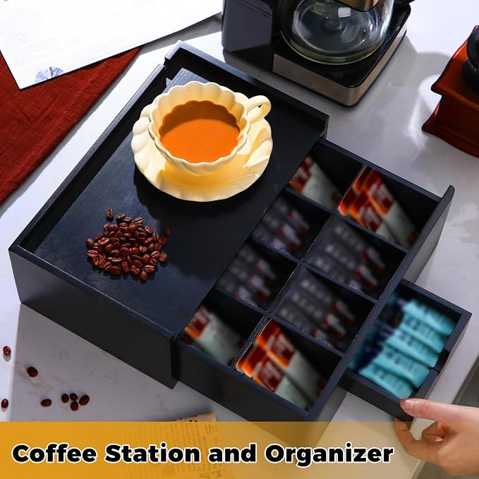 Cinnvoice Tea Bag Organizer Wood Tea Organizer Storage Box 8 Compartments Container Holder with Lid to Storage and Keep Fresh(Black)