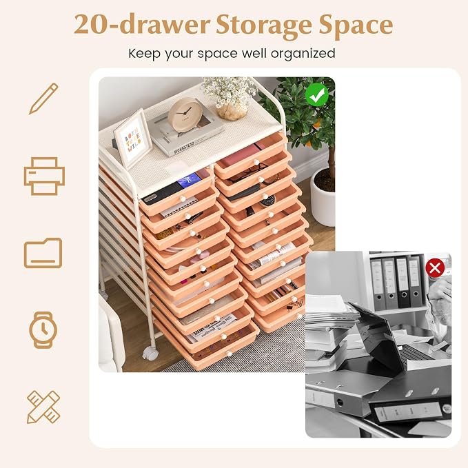 COSTWAY 20-Drawer Rolling Storage Cart, Utility Storage Organizer Cart for Tools, Scrapbook, Paper, Craft, Multipurpose Storage Trolley on Wheels for Home Office School, Peach