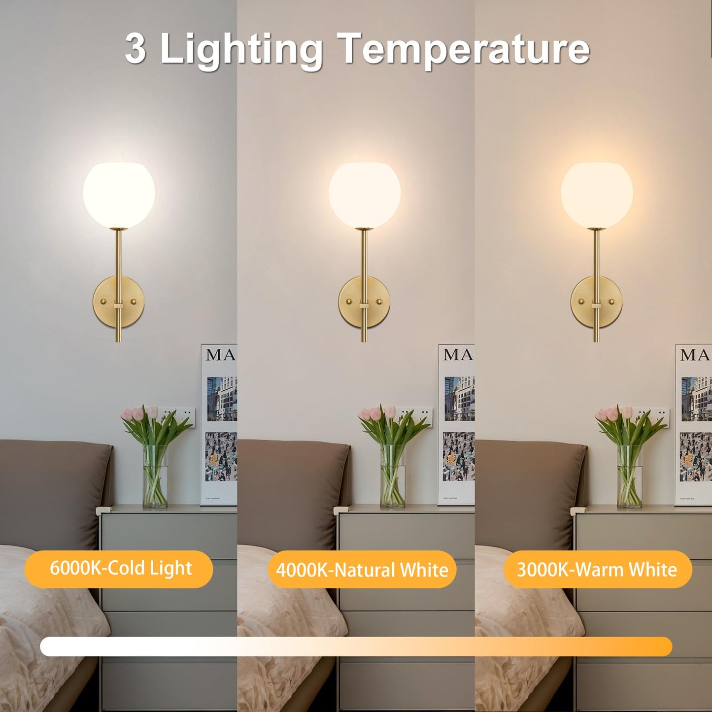 Gold Battery Operated Wall Sconces Set of 2, Rechargeable Wireless Wall Lights with Milky White Frosted Glass Shade, 12 RGB and 3CCT Dimmable, Wall Lamps with Remote for Bedroom Living Room Hallway