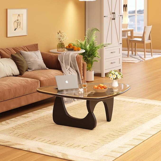 Coffee Table for Living Room Mid Century Modern Center Small Table with Glass Top and Wood, Black Transparent(45 Inch)