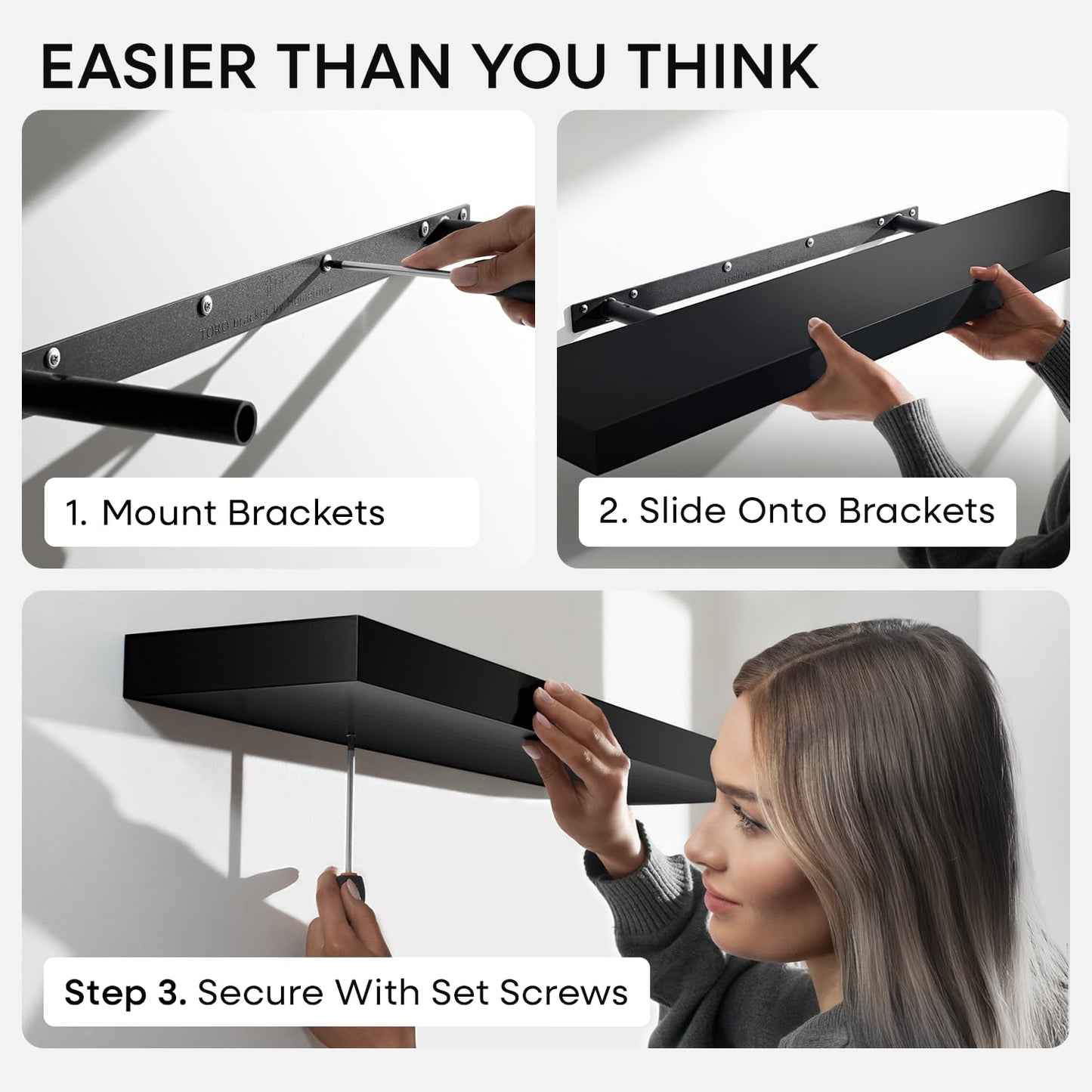 Homeforia Black Floating Shelves 24 inch, High End Solid Real Wood 24inch Bathroom Floating Shelf for Wall Mounted, Black Wooden 24in Floating Shelves, Heavy Duty Bracket, 24 X 6.5 X 1.75 in, Set of 2