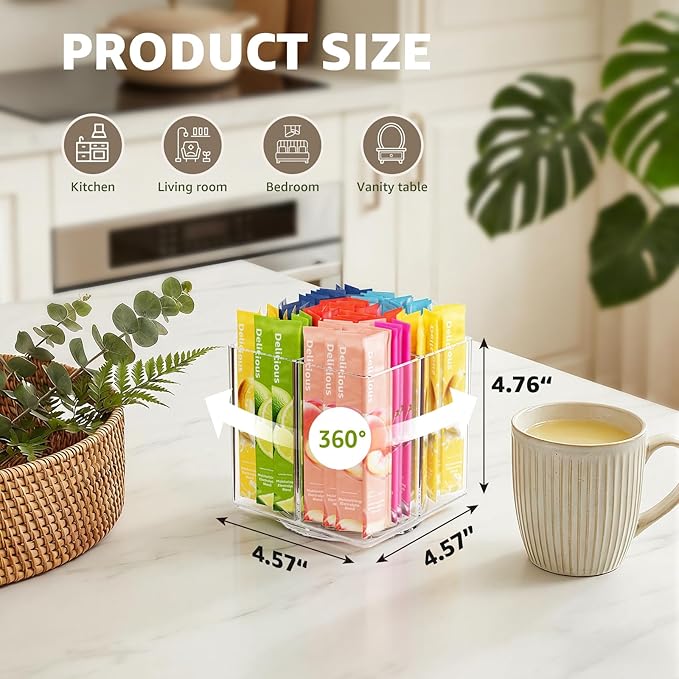 Drink Packet Organizer, Rotating Turntable Organizer with 4 Compartments, Clear Lazy Susan for Powdered Drink Mix, Water Flavor Packets, Coffee, Tea – Space-Saving Countertop Organizer