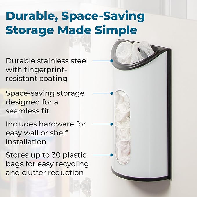 Honey-Can-Do Stainless Steel Plastic Bag Saver & Trash Bag Dispenser, Wall-Mounted Plastic Bag Organizer for Kitchen, Pantry, Garage, Durable Stainless Steel Storage for Grocery Bags and Space-Saving