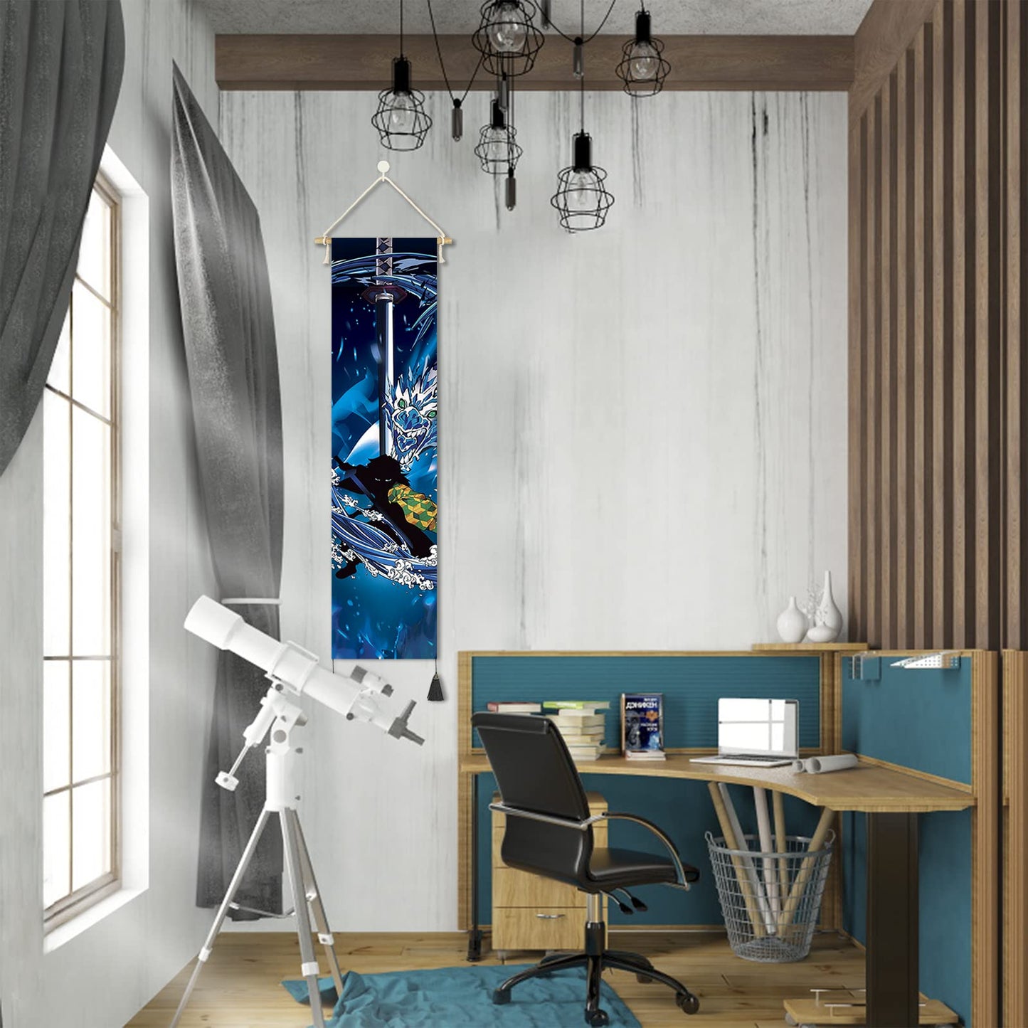 Hanging Poster Canvas Wall Art Painting Anime Characters Silhouette Effect Wall Tapestry With 2 Tassels And Wooden Hanging Rod Wall Decor Tapestry Decoration For Room (Dragon-Sword-Style2)