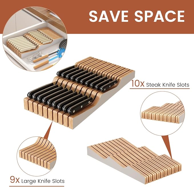 In-Drawer Knife Block Organizer - Bamboo Wood Drawer Knife Organizer-Protecting Knife Organizer Block (Not Included) (White, 19 Knives Dock)