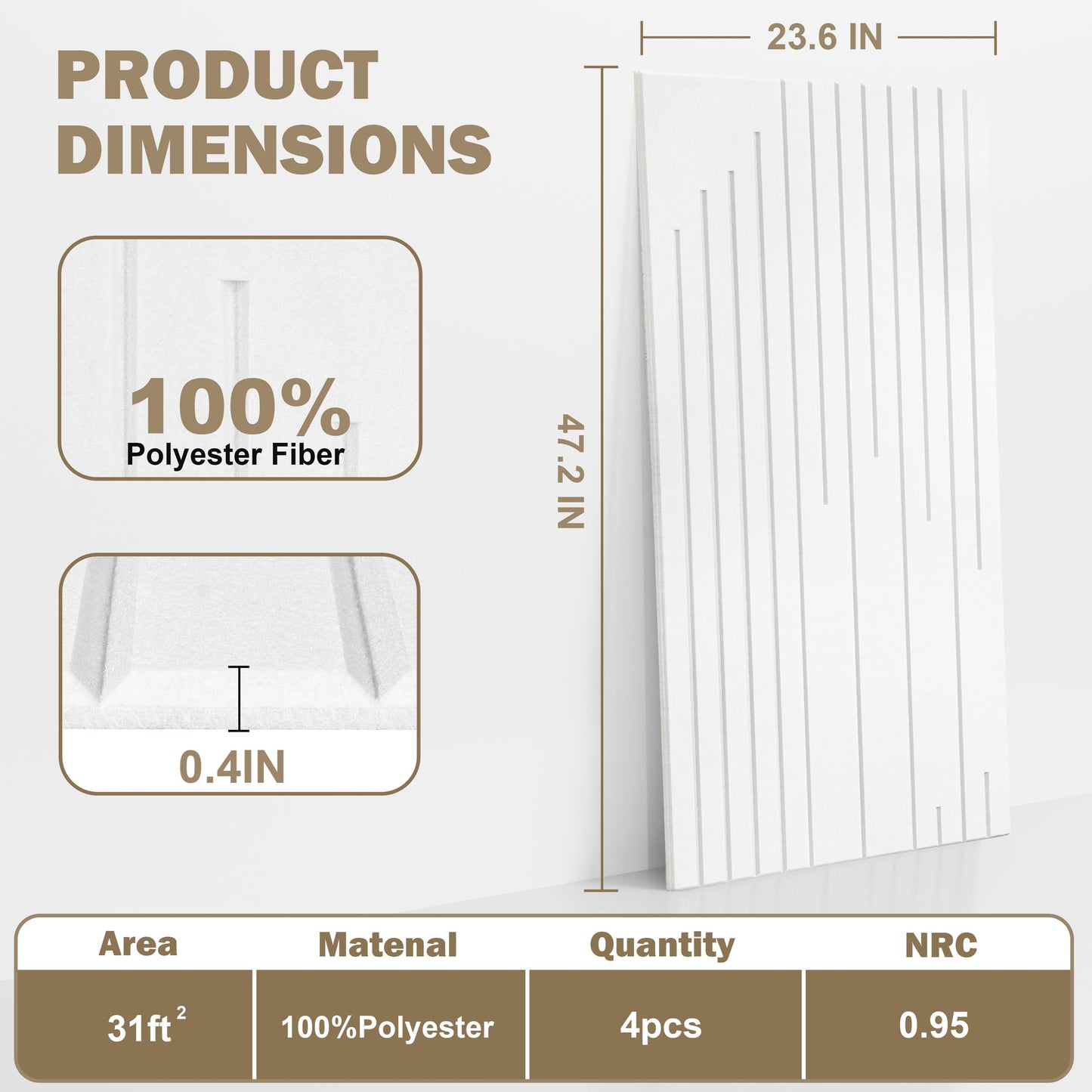 KERRAM 4-Pack Acoustic Panels with Self-Adhesive, 47.2 x 23.6 x 0.35 Inch High Density Sound Proof Panels for Walls, Decorative Sound Dampening Panels for Home Studio & Office Decor, White