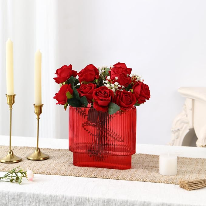 Ribbed Vase, Red Glass Vase for Flowers, Red Flower Vases for Tulips, Modern Vases for Living Room, Dining Table, Office, Bedroom, Mantle, Shelf, Wedding, 7 Inch