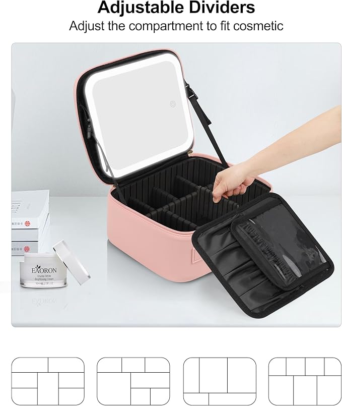 Chomeiu Makeup Bag with LED Mirror, Cute Cosmetic Bags for Women and Girls, Travel Train Case Artists Organizer Large Make Up Bags with 3 Color Light Up Mirror & Removable Brush Compartment, Pink
