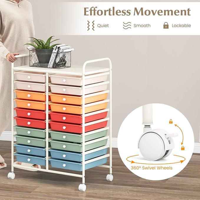 COSTWAY 20-Drawer Rolling Storage Cart, Multipurpose Storage Trolley on Wheels for Home Office, School, Macaron