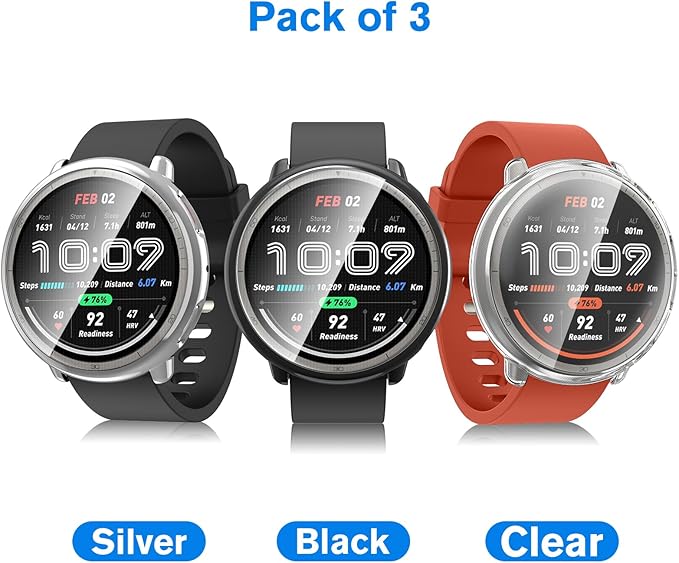 Fintie 3 Packs Screen Protector Case Compatible with Amazfit Active 2, Soft TPU Plated Bumper Full Protective Cover Cases Scratch-Proof, Black/Clear/Silver