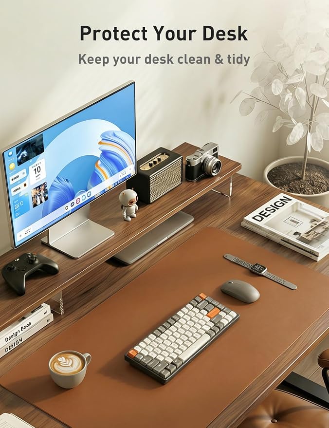 Aothia Faux Leather Desk Mat - Non-Slip PU Leather Desk Blotter, Waterproof Writing Surface, Large Desk Pad for Office & Home (Brown, 55" x 17")