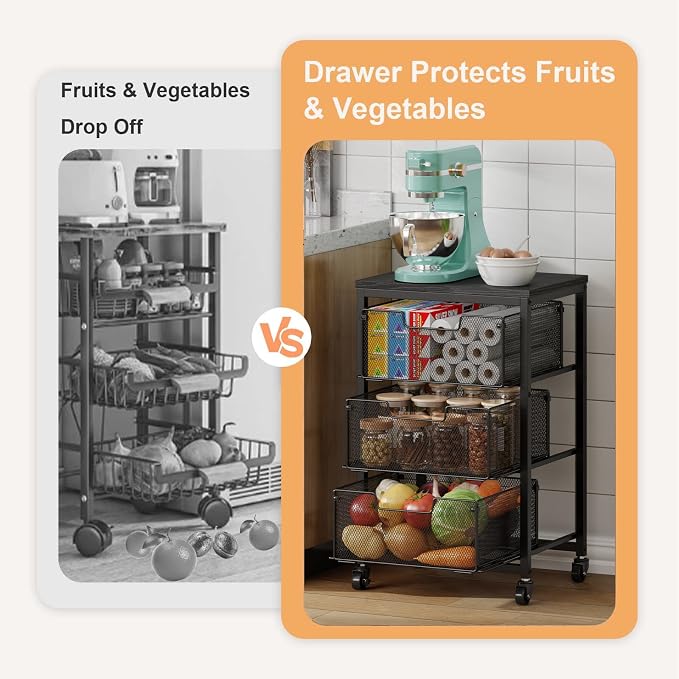 Pantry Organizer and Storage Cart, 3-Tier Kitchen Storage Cart with Drawer, Fruit Vegetable Storage Cart with Wheels, Wooden Top Metal Wire Kitchen Organizer Rack Stand for Food Snack Onion Potato