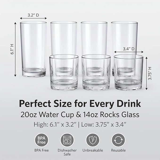 Plastic Drinking Glasses Set of 8, 14oz Rocks & 20oz Water Cups, Unbreakable Plastic Glasses Drinkware, Clear Kitchen Tumblers for Home & Outdoors, Reusable , BPA-Free, Top-Rack Dishwasher Safe