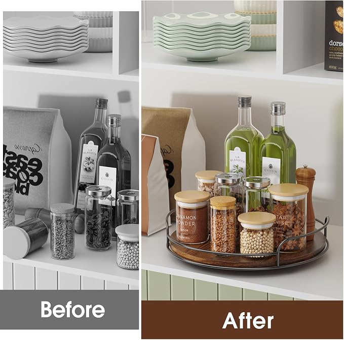 LLAMU 10'' Lazy Susan Organizer, Wooden Lazy Susan Turntable for Cabinet, Table Top, Kitchen, Pantry, Bathroom Countertop Organizer, 1 Pack