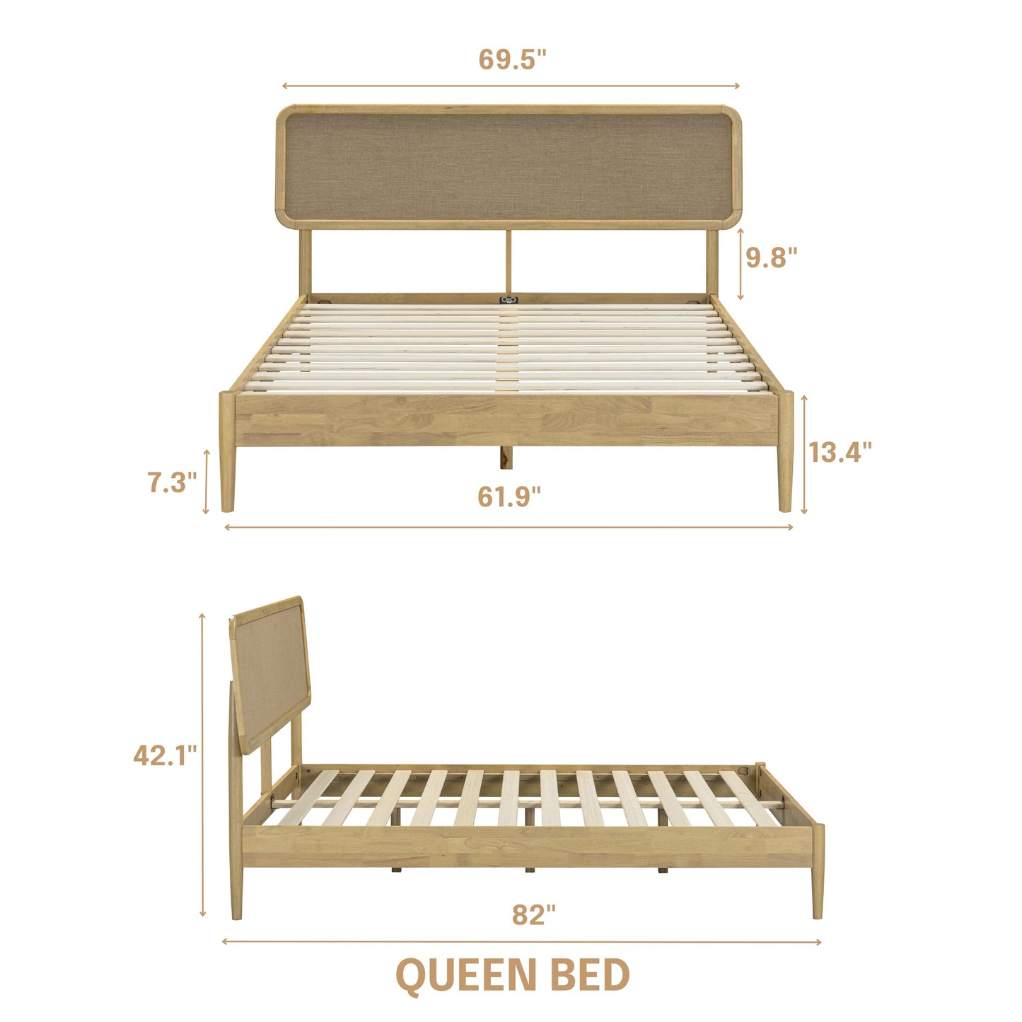 NTC Lupin Wooden Bed Frame with Headboard, Solid Oak and Rubber Wood Foundation with Silent Slats and Wood Central Supports, 1000 Lb Capacity, Queen - Sand