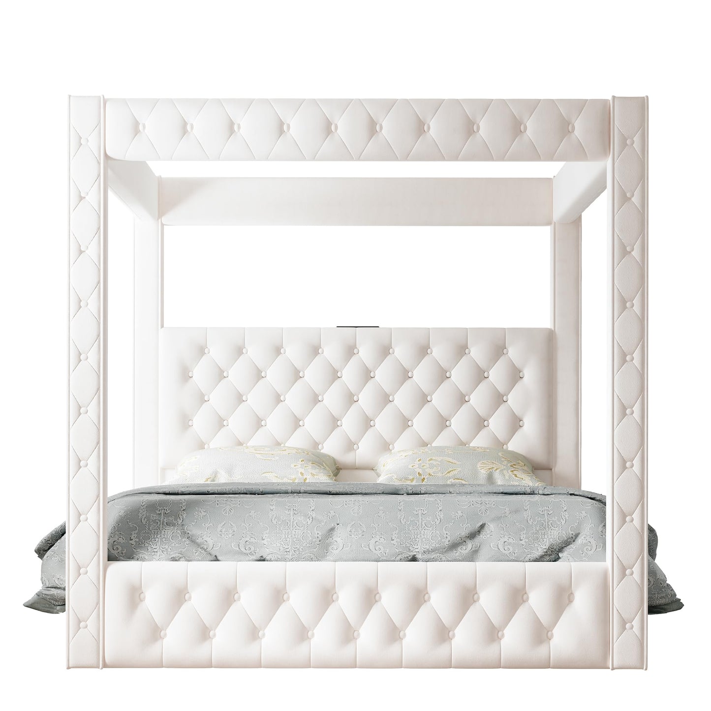 Jocisland Upholstered Canopy Bed Frame Queen Size with 74.8" Tall Four Poster and Velvet Deep-Tufted Tall Headboard with Charging Station/Modern Luxury Style/No Box Spring Needed/Cream