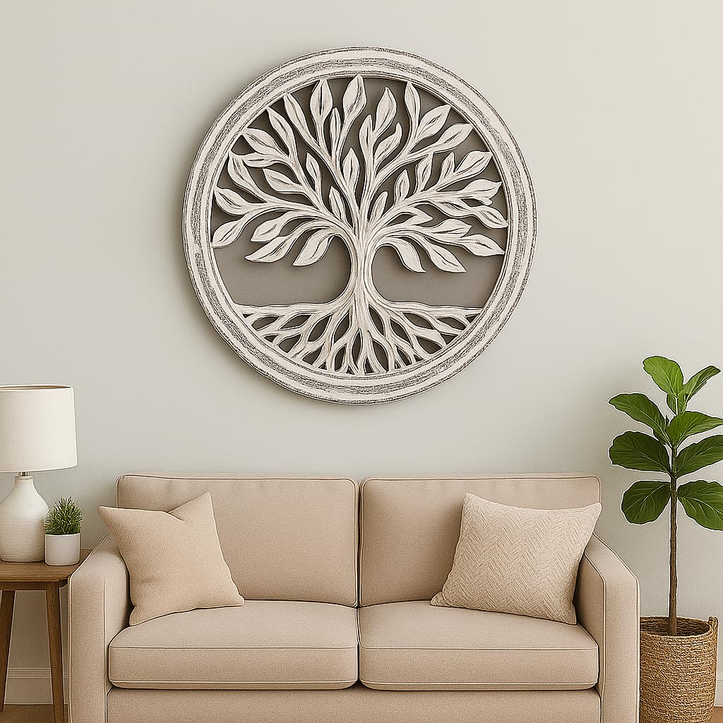 Wooden White Wash Tree of Life Wall Art Panel – 12 Inch Round Wood Carved Wall Hanging Sculpture | Indoor Outdoor Tree of Life Altar Panel Home & Office Wall Décor