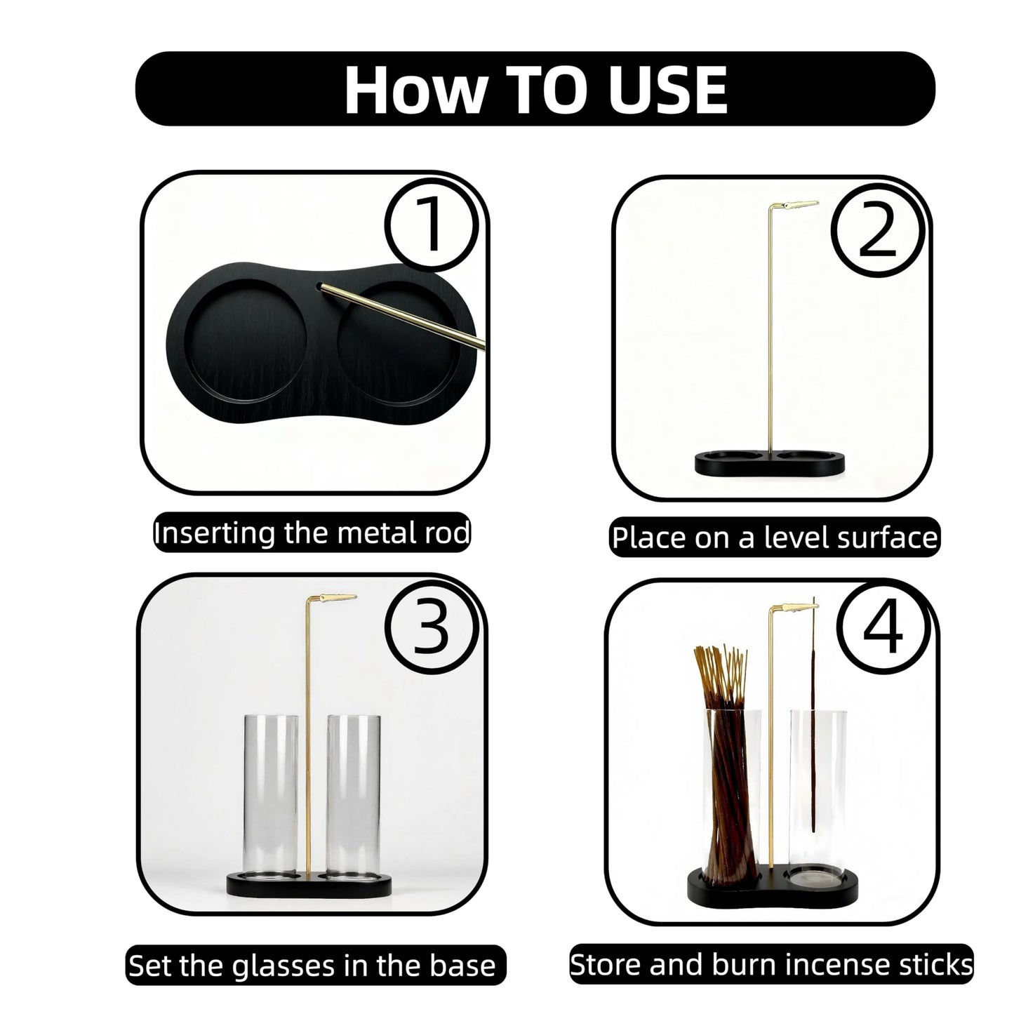 Moocervi Glass Incense Holder, Black Incense Sticks Burner Holder with Storage,Hang Upside Down Incense Holder for Sticks with Glass Ash Catcher for Meditation Yoga Spa Room Decor (Black)