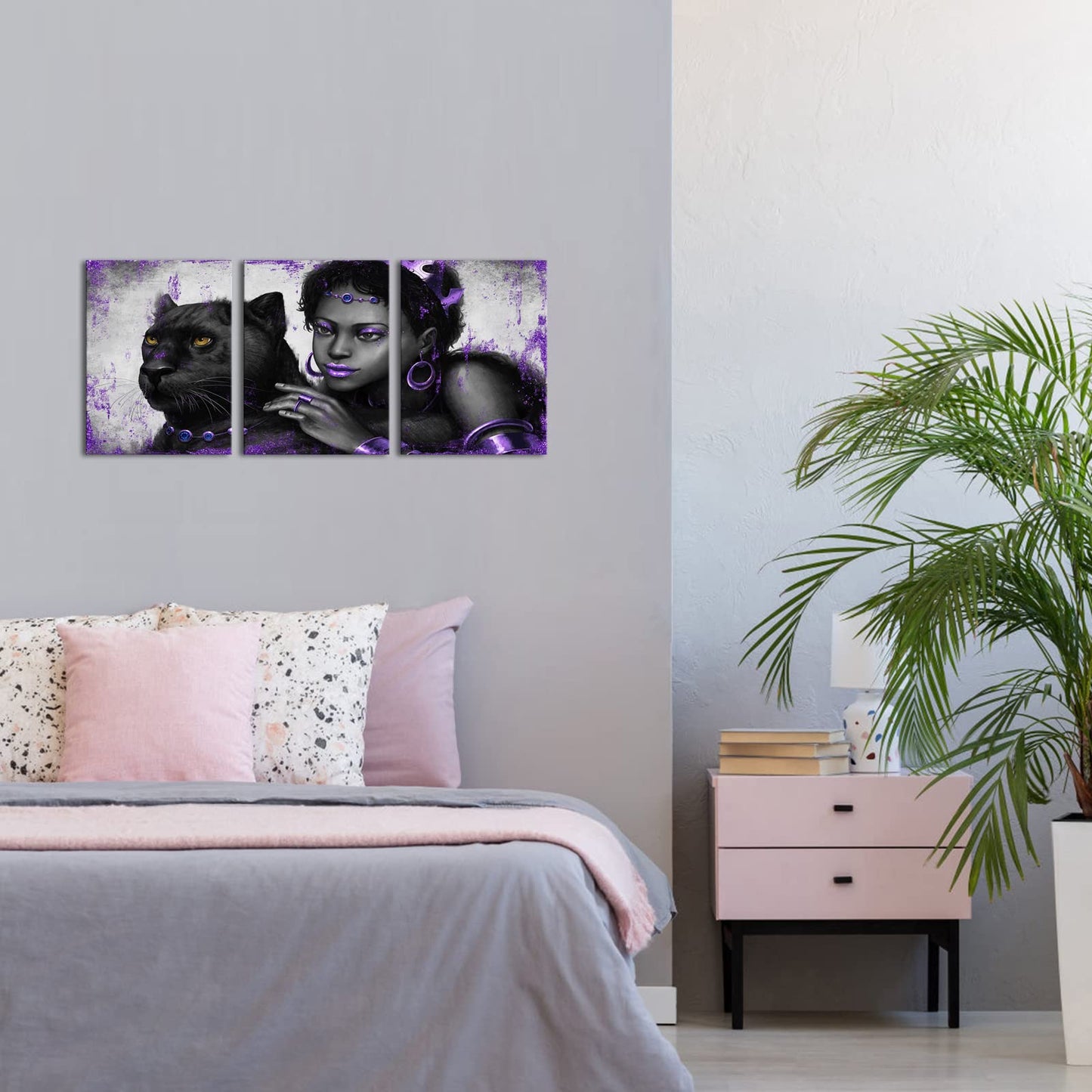 Kalormore Purple Fashion Picture for Girl Bedroom Glam Elegant African American Black Woman with Queen Crown and Panther Painting Giclee Canvas Prints Wall Decor Gallery Wrapped Artwork Gift Makeup
