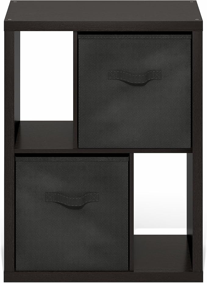 Furinno Viola Storage Shelf, 2-Tier Display Rack with 2 Drawer Bins, Extra Thick Frame Bookshelf, Reversible, for Organization, Living Room, Home Office, Black Dark Oak