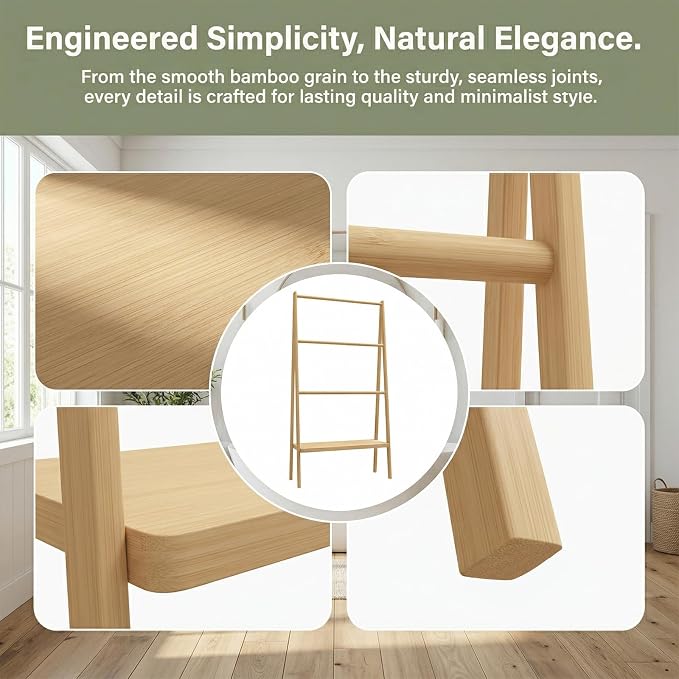 Bamboo Ladder Towel Rack - Blanket Holder with Storage Shelf for Bathroom & Living Room, Freestanding 30.16" L x 12.01" W x 51" H, Eco-Friendly