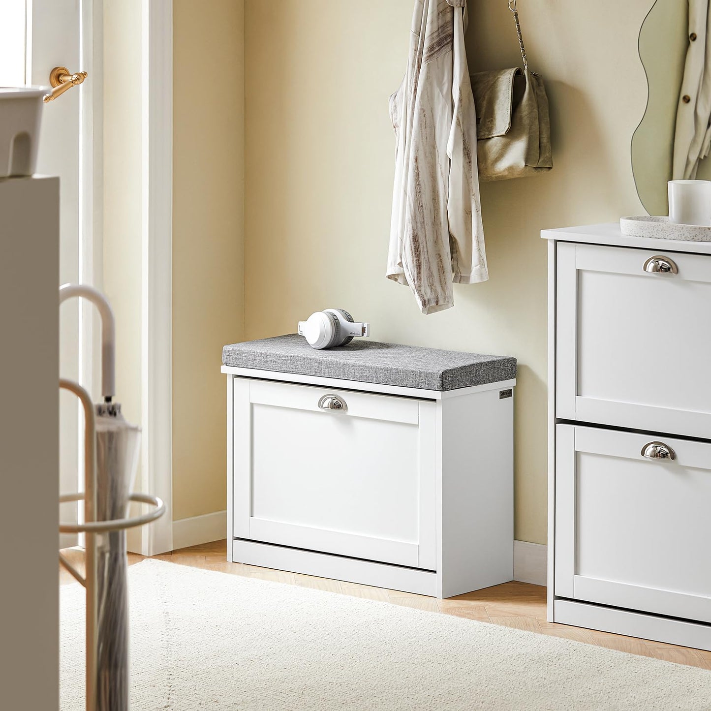 Haotian Small Shoe Storage Bench with Cushion, White Narrow Shoe Rack for Entryway, Small Shoe Cabinet with 2 Tiers Flip-Drawer, FSR195-K-W