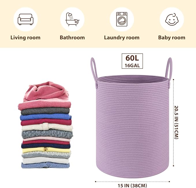 OIAHOMY Large Laundry Basket Hamper - 60L Cotton Rope Woven Basket for Blankets, Toys, Clothes - Tall Decorative Nursery Hamper with Long Handles, Purple