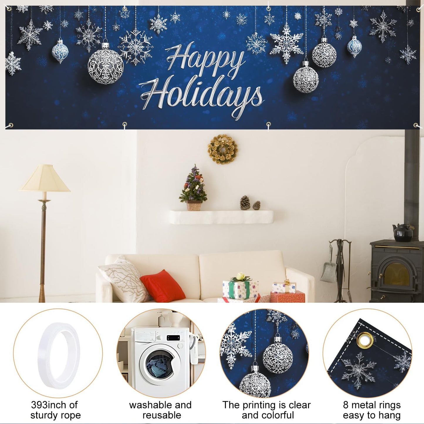 Happy Holiday swith Snowflakes and Ornaments Banner 10x3 Ft - Outdoor Christmas Decor with Interactive Illusion of Santa Emerging, Fun Holiday Display