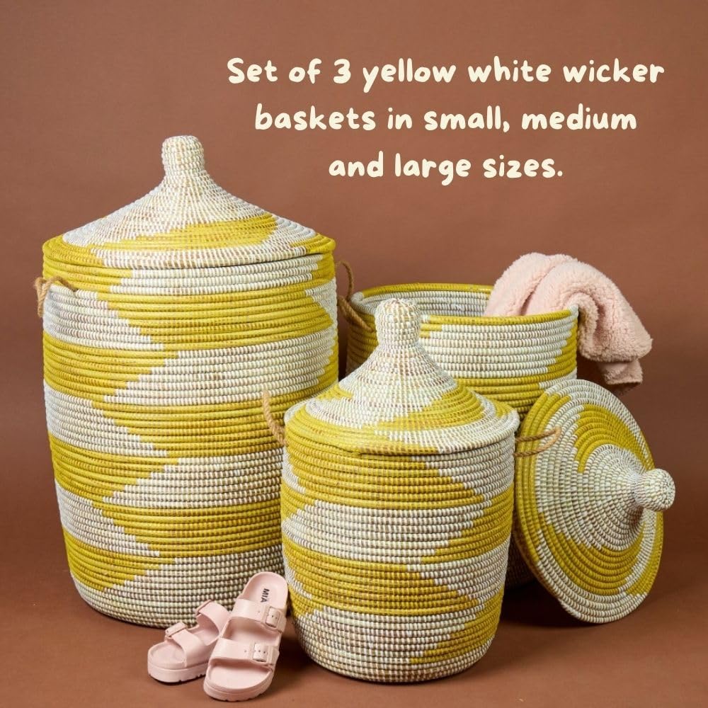 Medium Yellow Basket - Organize Bedroom, Living Room, Nursery - Laundry Hamper, Toy Bin, Blanket Storage, Towels Holder - Decorative, Boho Style - Wicker, Woven, Lid, Handles