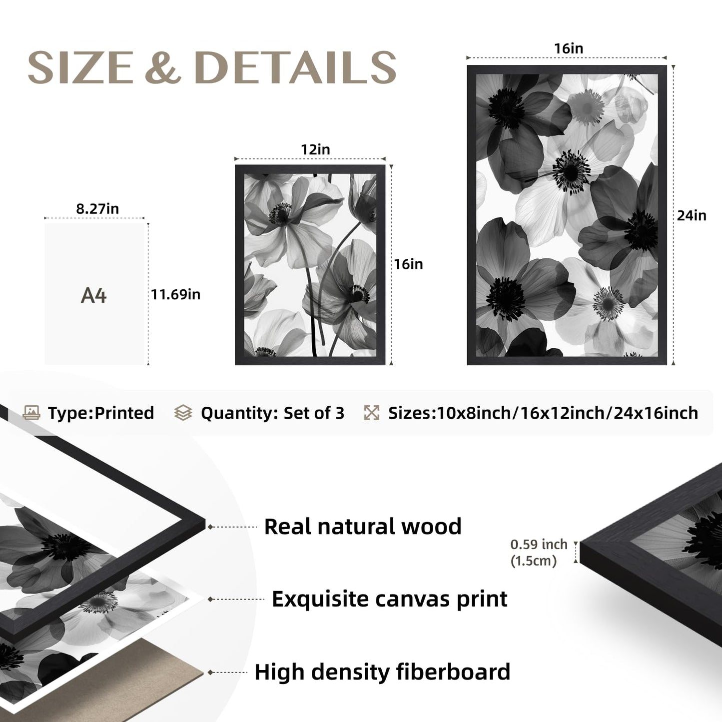 EisEver Black and White Floral Wall Art Set of 3, Neutral Minimalist Bathroom Decor, Modern Flower Canvas Prints, Elegant Nature Botanical Artworks for Bedroom Living Room Wood Framed 12x16 inch