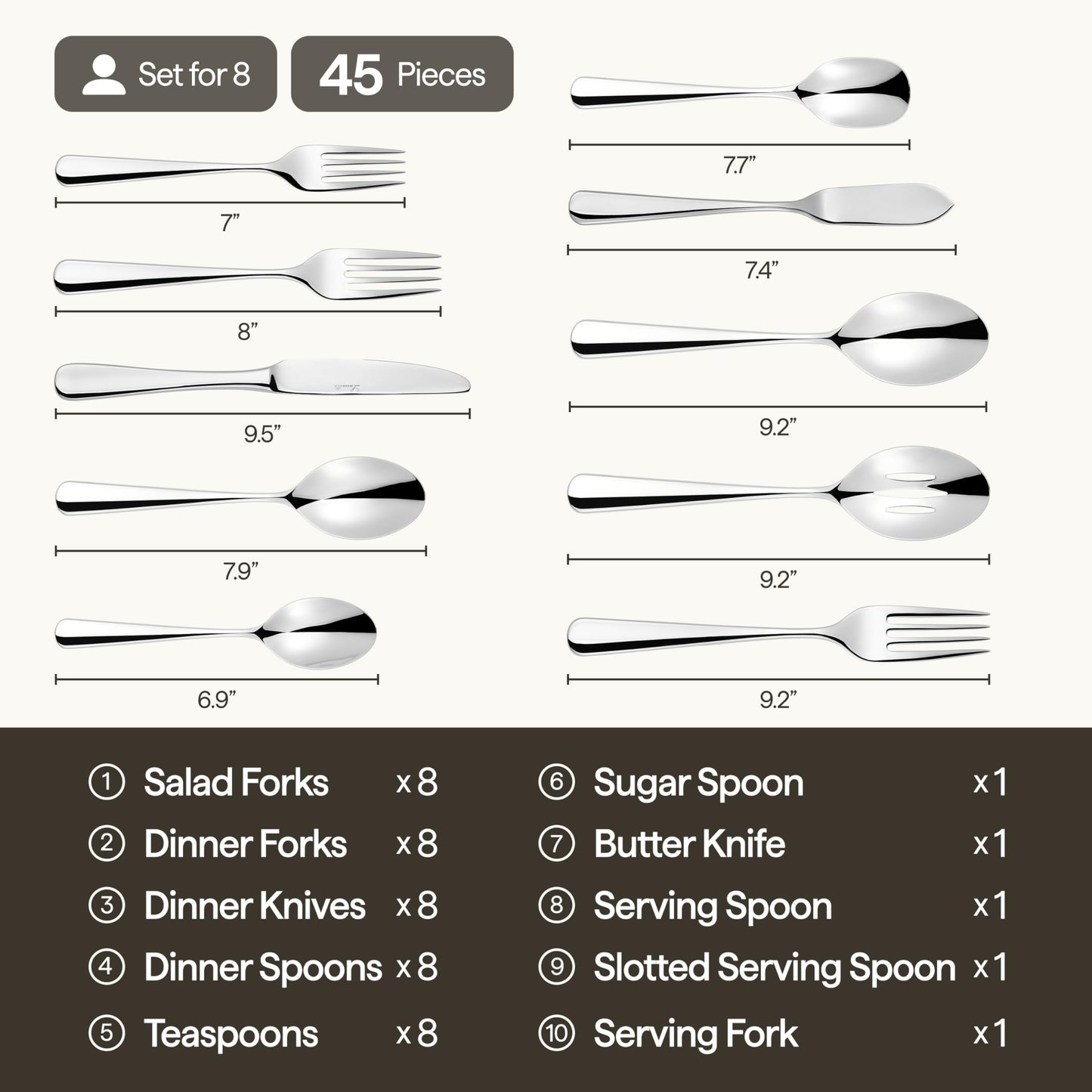 Luciella Tropea Polished Flatware Set for 8, 45-Piece Premium 18/10 Stainless Steel Silverware Set with Serving Utensils, Modern Mirror Finish, Rust Resistant, Dishwasher Safe, House Warming Gifts