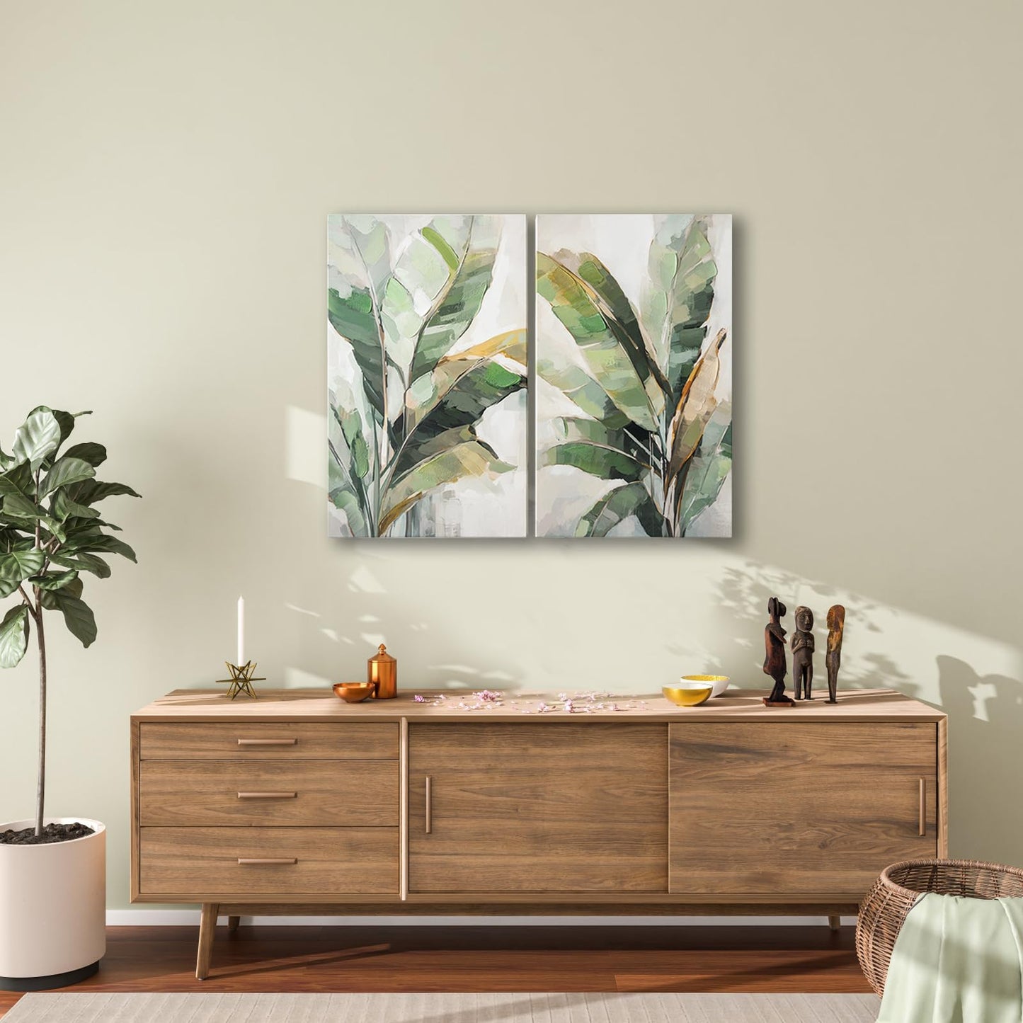 Botanical Wall Art Set Hand Painted, for Living Room plant wall art,Green Tropical Plant Leaf Wall Decor, Modern Banana Leaf Wall Painting, for Bedroom, Dining Room, Office - 12x20 Inch 2pack