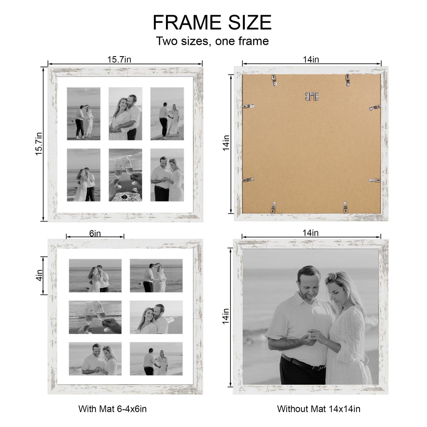 Hongkee 14x14 Picture Frame Set of 2, Distressed White with Glass Collage Frame, Display Photo Six Opening 4x6 With Mat or 14 x 14 Without Mat - Horizontal or Vertical Wall Mounting