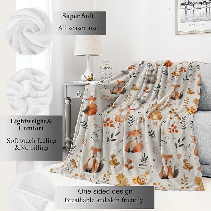 Cute Woodland Animal Blanket,Cartoon Fox, Owl, and Deer Throw Blankets,Gifts for Kids & Animal Lovers,Lightweight Soft Fleece,for Picnic Sofa Couch Bed Room Travel,Birthday Decor,50x60in