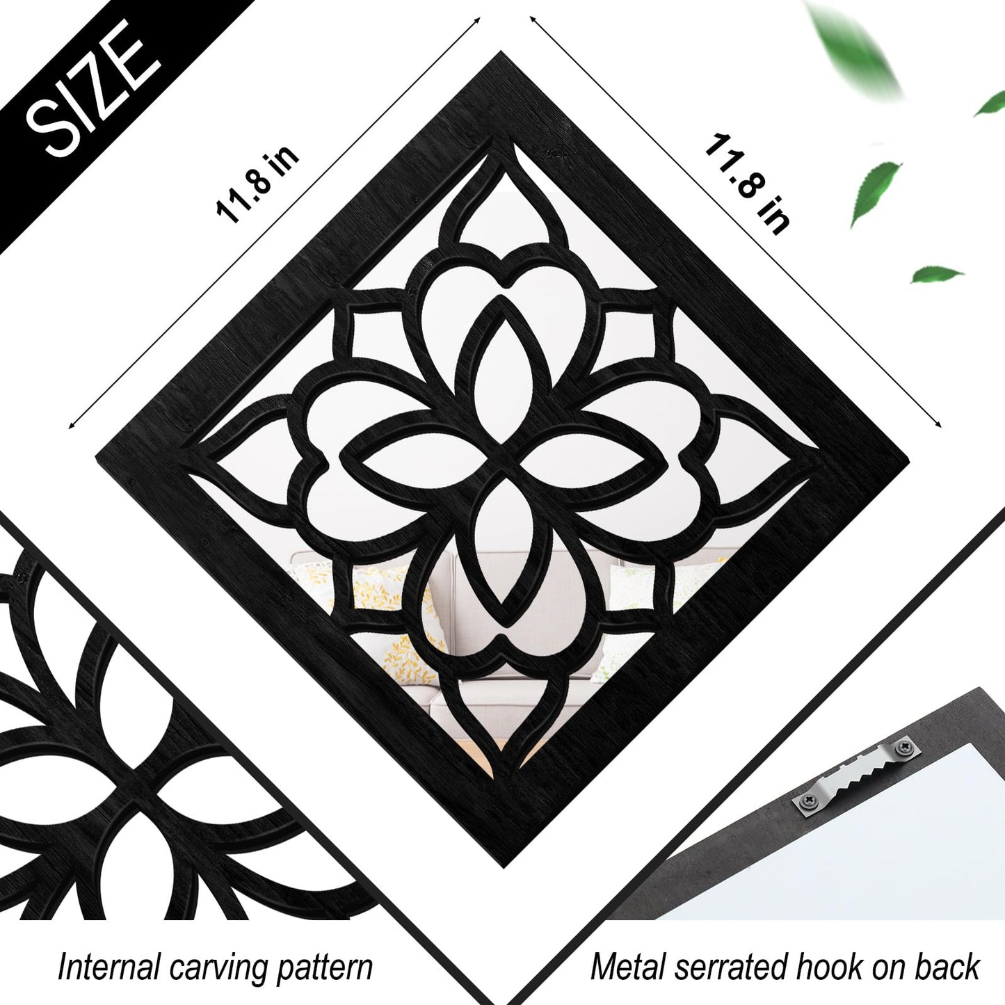 KOYILTD 2 PCS Square Wall Mirror,Rustic Farmhouse Wall Mirrors,12 inch Small Mirror Art (style2 Black)