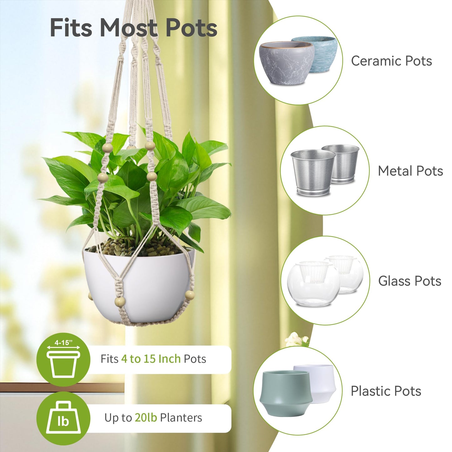 USLAI Macrame Plant Hanger Indoor Outdoor, Fits 4 to 15 Inch Pots, Strong Hanging Planter Holder, Boho Home Decor, 35 Inch, Ivory, Set of 2 (POTS NOT Included)