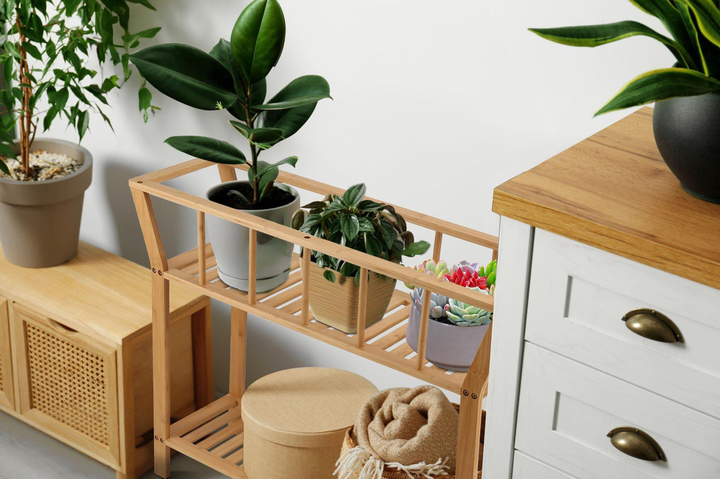 Nnewvante Bamboo Plant Stand Indoor 37.4"x11" 2 Tier Tall Plant Table Shelf Flower Pot Organizer Holder, Sofa Entryway Table for Window-sill Living Room Balcony
