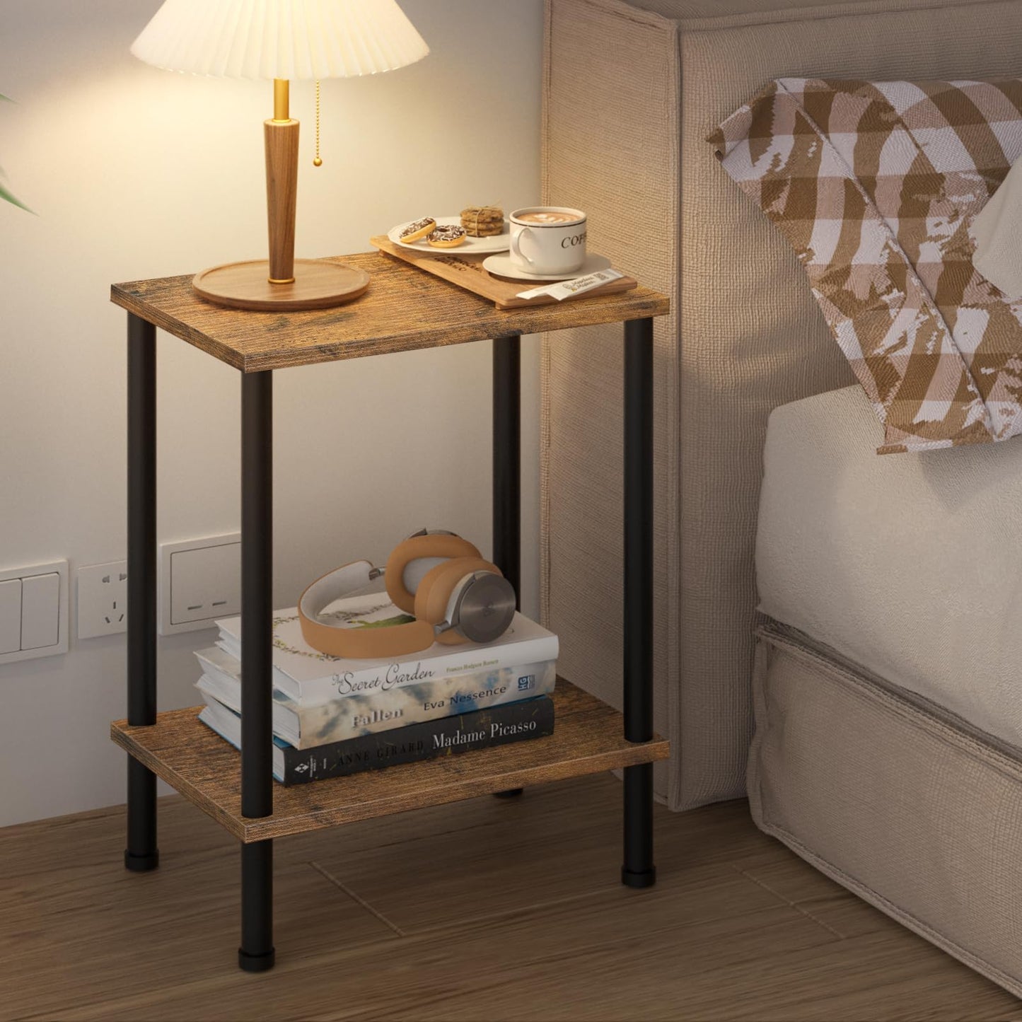 YUFAM End Table,Small Side Table,2-Tier Nightstand with Storage Shelf,Sofa Bedside Table for Small Spaces in Living Room,Bedroom, Office,Stable Frame,Easy Assembly,Rustic Brown