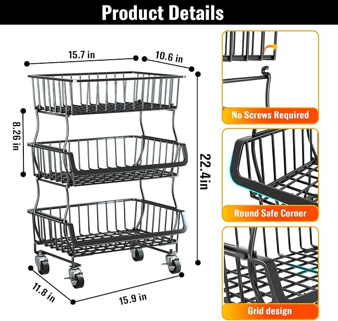 Gsiekare 3-Tier Rolling Pantry Organizer and Storage Cart with Wheels – Stackable Wire Snack Cart for Kitchen, Pantry Shelves and Storage Rack for Fruit, Vegetables, Onion, Potato (1 Pack)