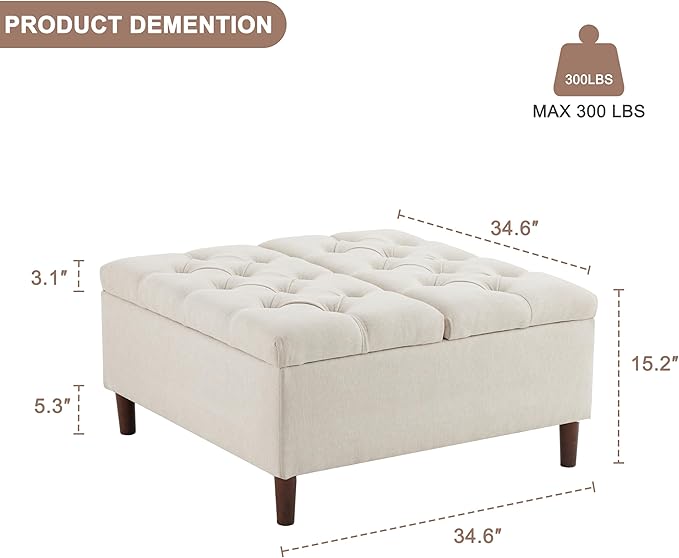 Weture 35 Inch Extra Large Storage Ottoman Coffee Table, No Assembly Required, Oversized Square Ottoman with Storage, Tufted Upholstered Ottomans Coffee Table for Living Room (Fabric, Beige)