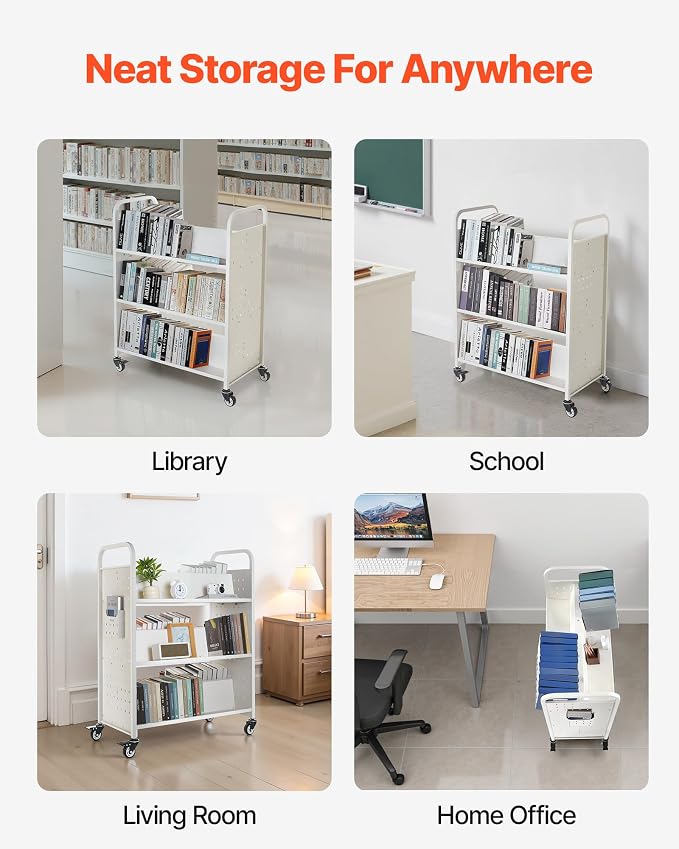 VEVOR Rolling Library Book Cart, 330 lbs Capacity, 38.2 x 20.3 x 48.2-Inch Library Cart, Double Sided W-Shaped Shelves with 3-Inch Lockable Wheels, Book Truck for Home Shelves Office and School, White