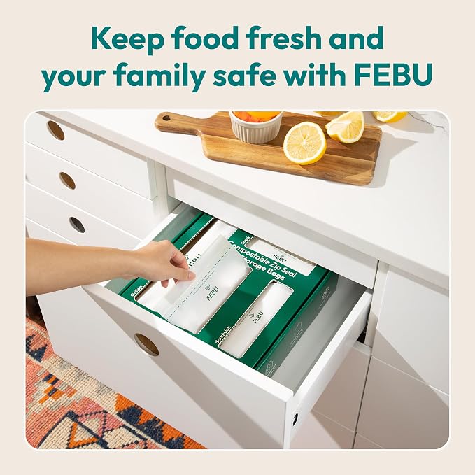 FEBU Compostable Food Storage Bags Variety Pack, 260 Count | Compostable & Biodegradable | PFAS & BPA Free | Drawer Organizer Box | 90 Snack, 90 Sandwich, 50 Quart, 30 Gallon