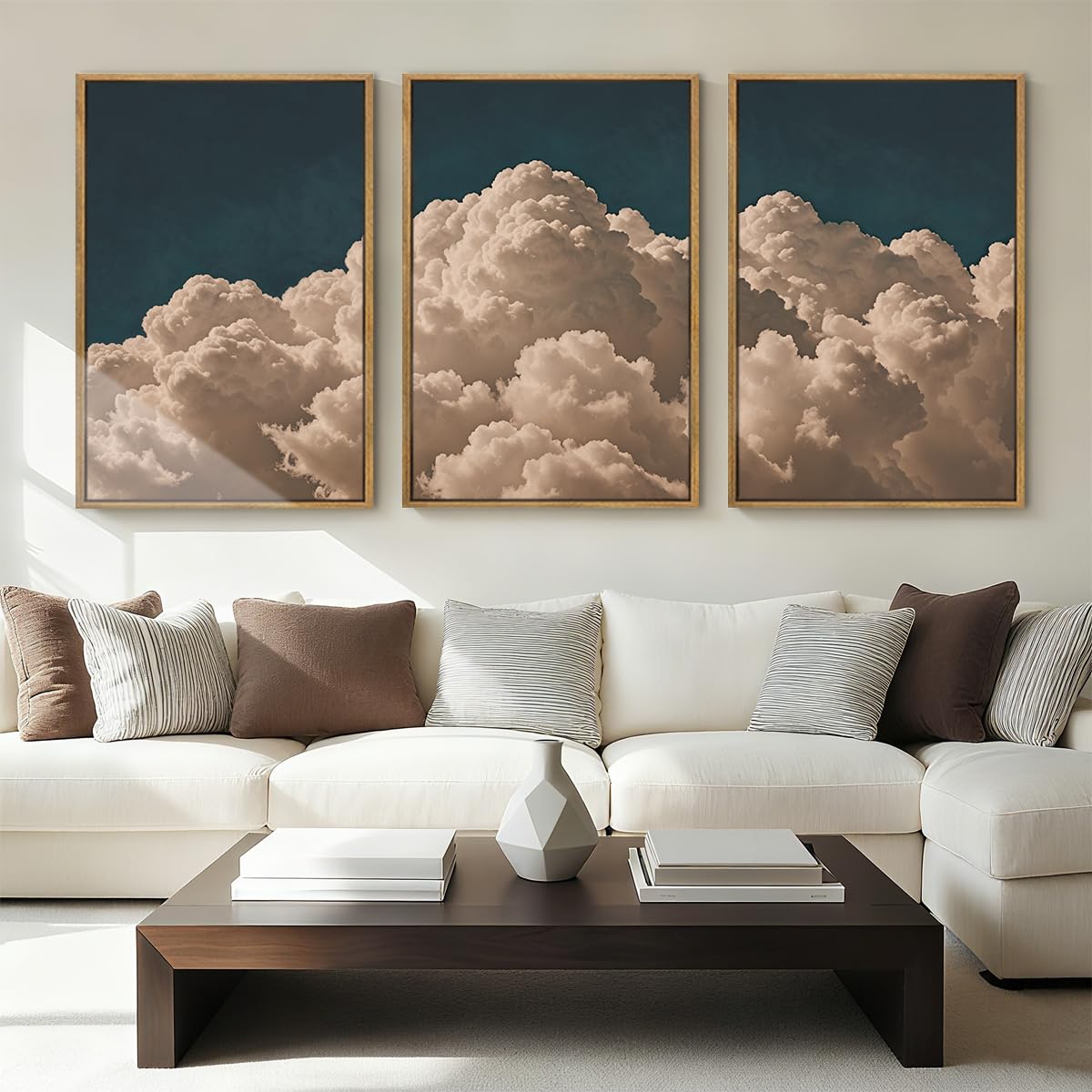 IARTTOP Large Framed Cloud Blue Wall Art 16x24 Inch Navy Cloud Canvas Painting Modern Abstract Sky Landscape Wall Decor for Living Room Bedroom Dining room Set of 3