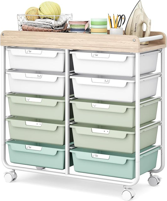 10 Drawers Rolling Cart with Wooden Tabletop, Utility Storage Cart with Wheels, Art Supply Craft Organizer on Wheel with Metal Frame & Handles for Home Office School,Green