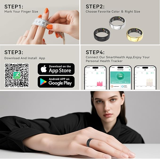 Smart Rings for Women Men,Fitness Tracker Ring,Heart Rate,Blood Oxygen,Blood Pressure,Step Tracker,Sleep Monitoring,No Subscription Fee,IP68 Waterproof Smart Ring for iphone&Android(Black 13)
