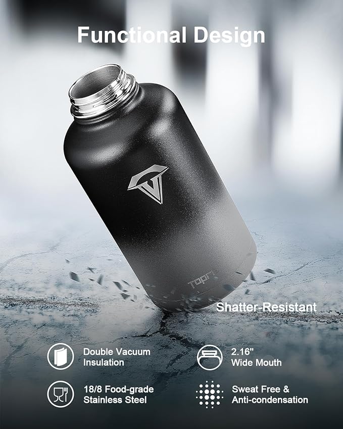 Insulated Water Bottle, 64 oz Stainless Steel Water Bottles with Straw, Leak Proof & BPA Free, Reusable Jug Thermo Flask for Outdoor Sports Gym Camping, Black/Grey