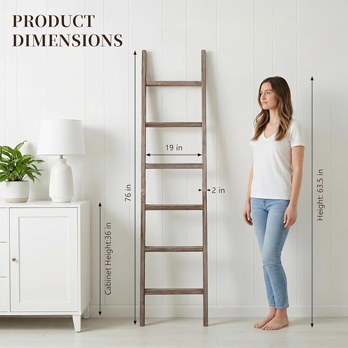 Wooden Blanket Ladder - Natural & Motley Wood - Leaning Wall Decor for Bedroom, Bathroom, Living Room - Rustic Quilt Holder & Towel Rack (Burnt Brown, 76in（6-Tier）)