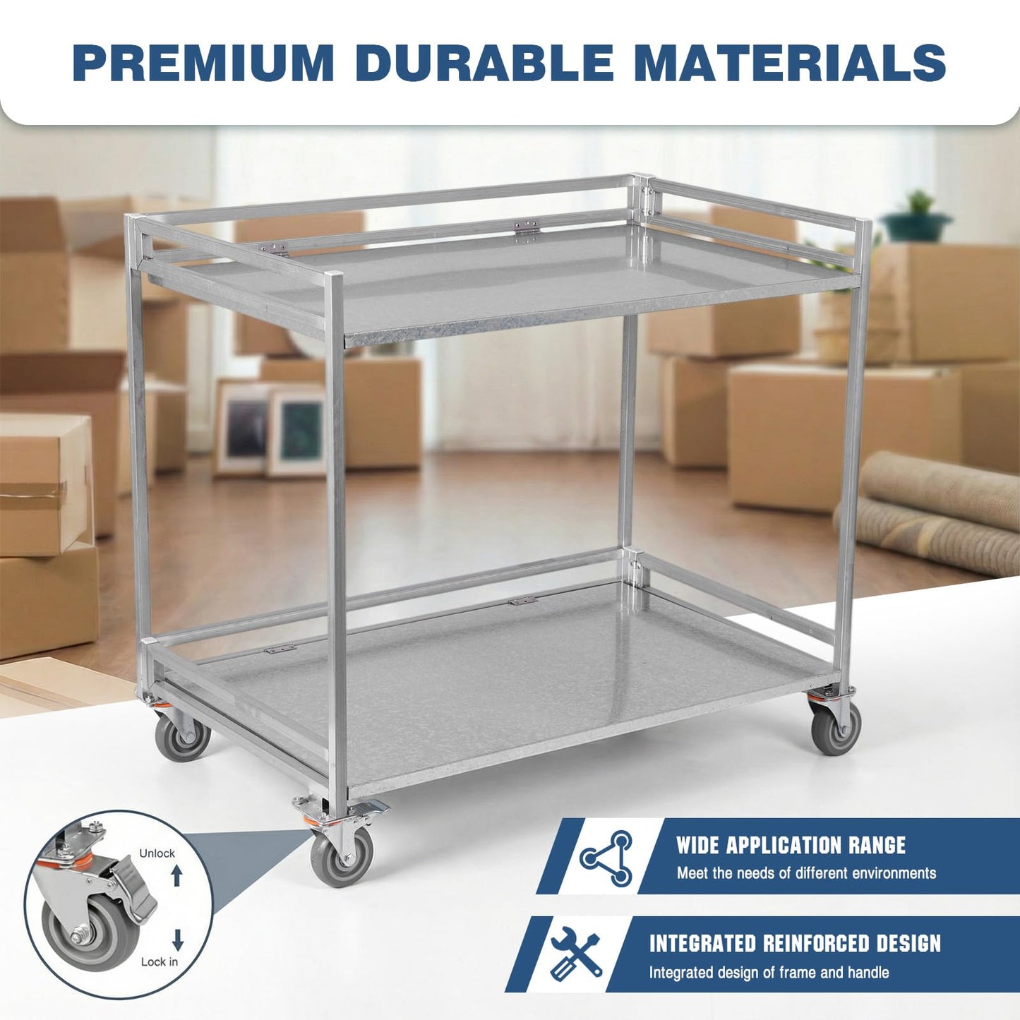 Metal Cart on Wheels 660 lbs Capacity, 2‑Shelf Folding Stainless Steel Cart with Handle, Metal Rolling Cart with Wheels, Rolling Metal Cart for Warehouse Garage Home – 39"x36"
